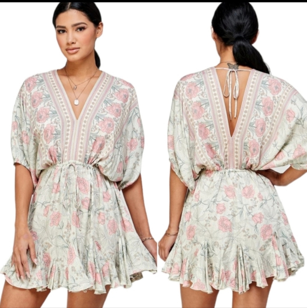 Floral Border Kimono Ruffle Dress